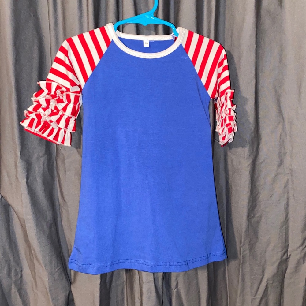 New girls Blue dress with r/w striped sleeves